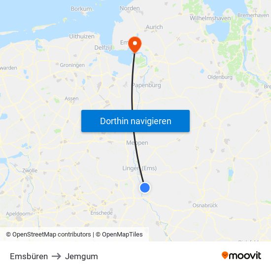 Emsbüren to Jemgum map