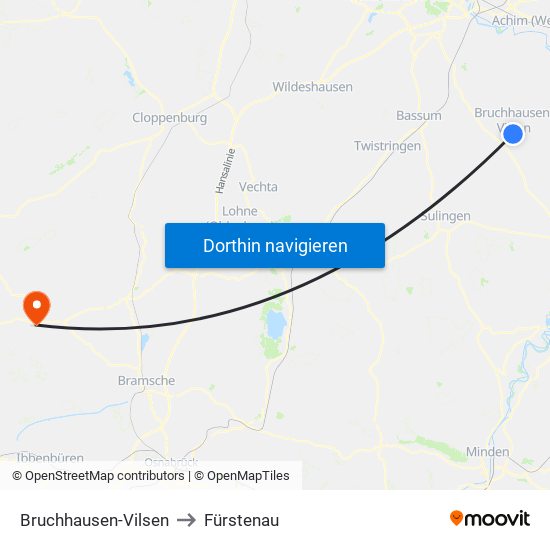 Bruchhausen-Vilsen to Fürstenau map