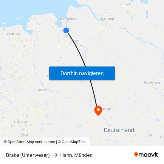 Brake (Unterweser) to Hann. Münden map