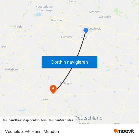 Vechelde to Hann. Münden map