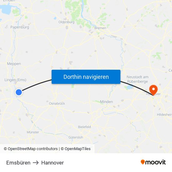 Emsbüren to Hannover map