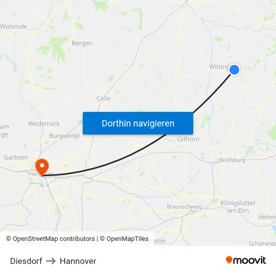 Diesdorf to Hannover map