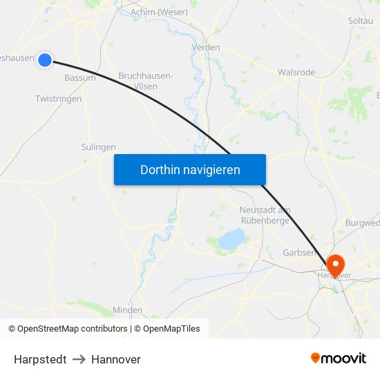 Harpstedt to Hannover map