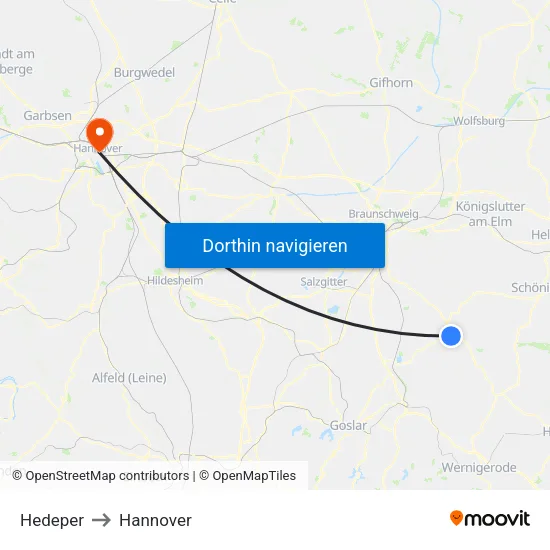 Hedeper to Hannover map