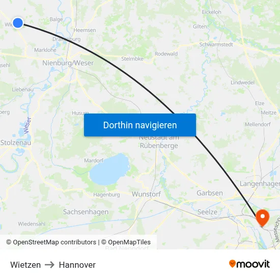 Wietzen to Hannover map