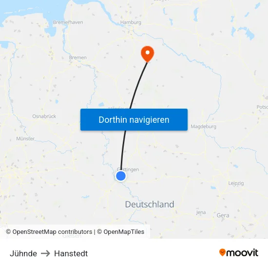 Jühnde to Hanstedt map