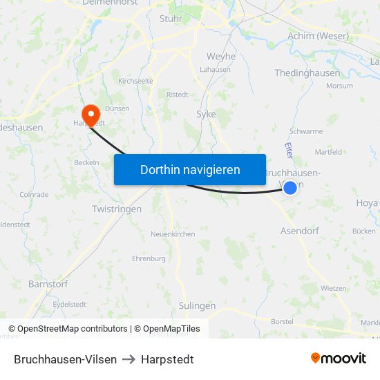 Bruchhausen-Vilsen to Harpstedt map