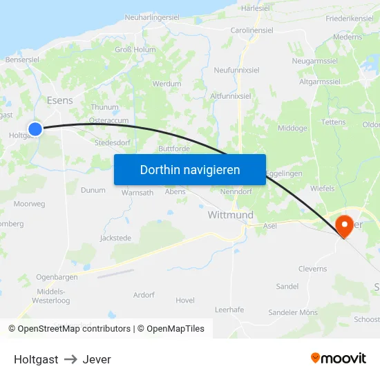 Holtgast to Jever map