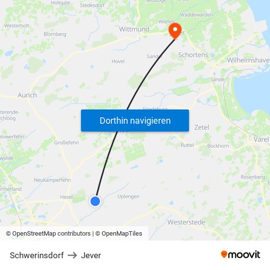 Schwerinsdorf to Jever map