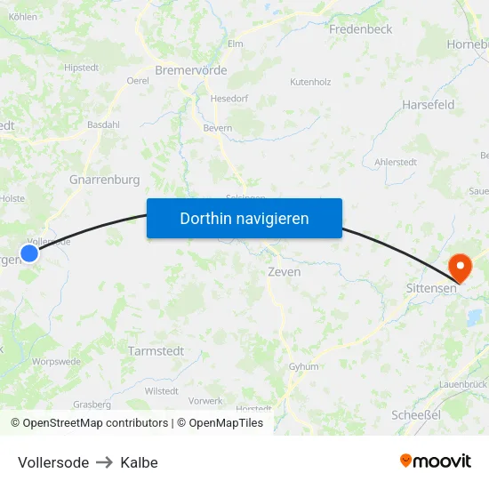 Vollersode to Kalbe map