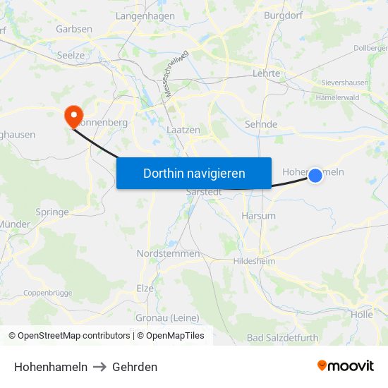 Hohenhameln to Gehrden map