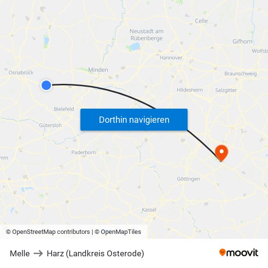 Melle to Harz (Landkreis Osterode) map