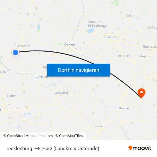 Tecklenburg to Harz (Landkreis Osterode) map