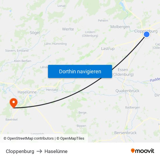 Cloppenburg to Haselünne map