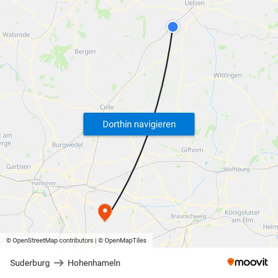 Suderburg to Hohenhameln map