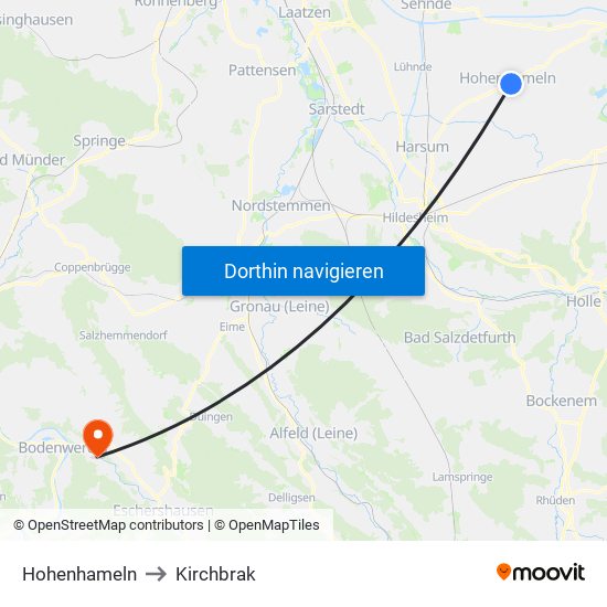 Hohenhameln to Kirchbrak map