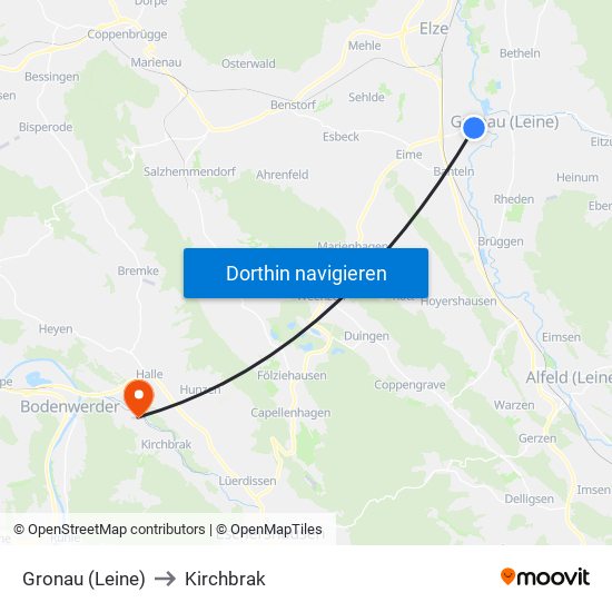 Gronau (Leine) to Kirchbrak map