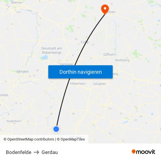 Bodenfelde to Gerdau map