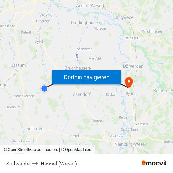 Sudwalde to Hassel (Weser) map