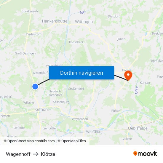 Wagenhoff to Klötze map