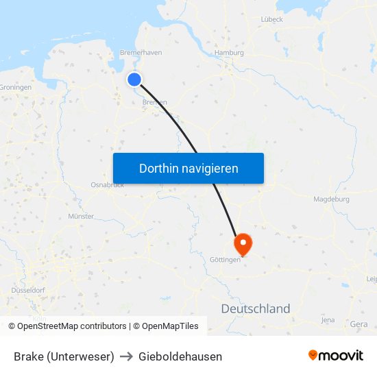 Brake (Unterweser) to Gieboldehausen map