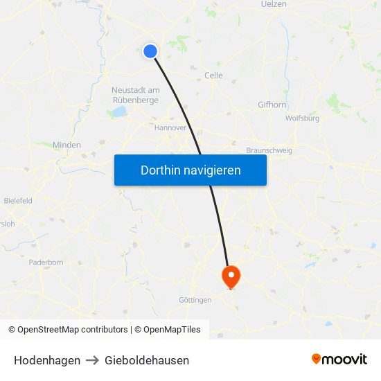 Hodenhagen to Gieboldehausen map
