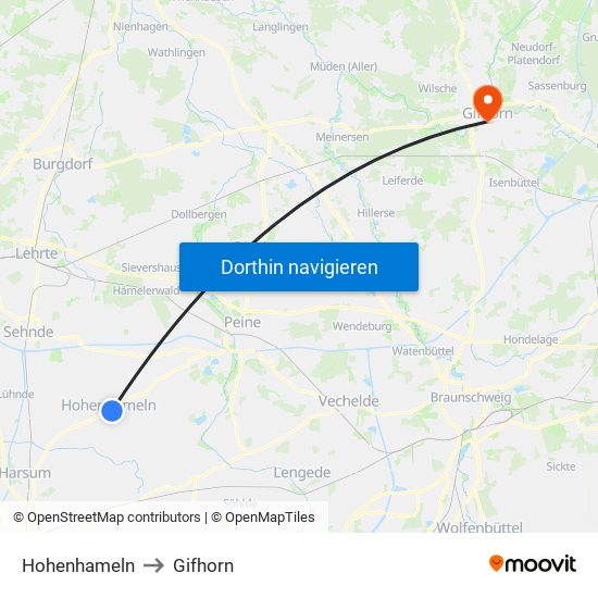 Hohenhameln to Gifhorn map