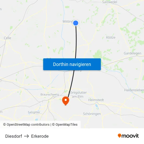 Diesdorf to Erkerode map