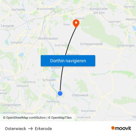 Osterwieck to Erkerode map