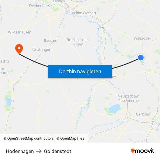 Hodenhagen to Goldenstedt map