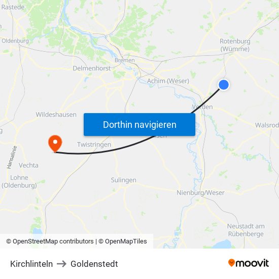 Kirchlinteln to Goldenstedt map