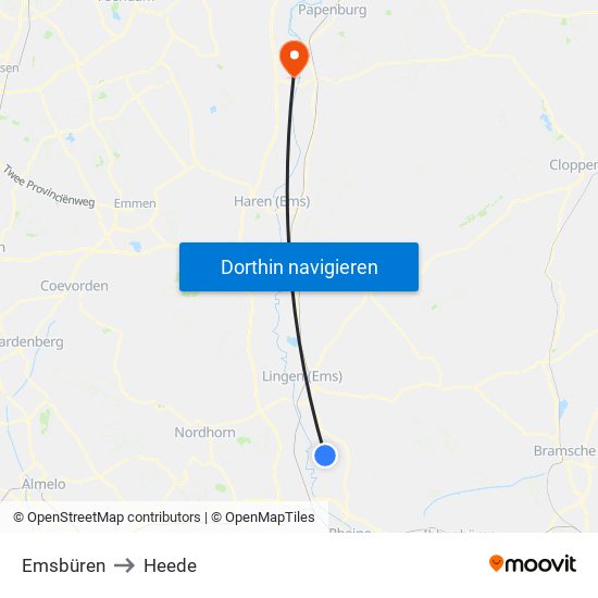 Emsbüren to Heede map