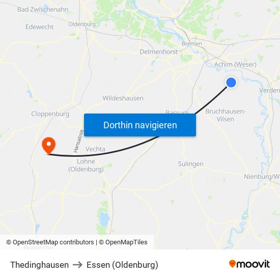 Thedinghausen to Essen (Oldenburg) map