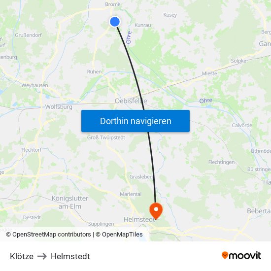 Klötze to Helmstedt map