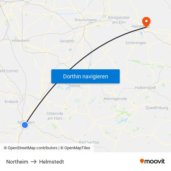 Northeim to Helmstedt map
