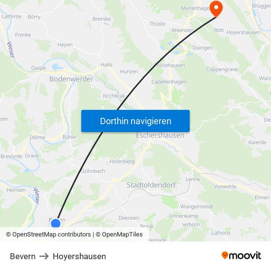 Bevern to Hoyershausen map