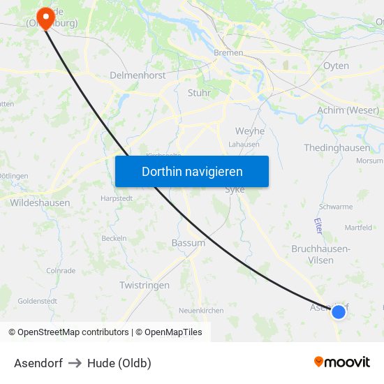 Asendorf to Hude (Oldb) map