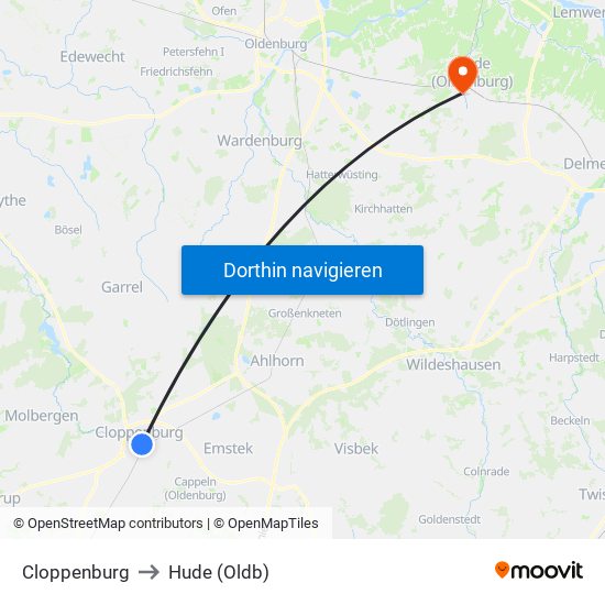 Cloppenburg to Hude (Oldb) map
