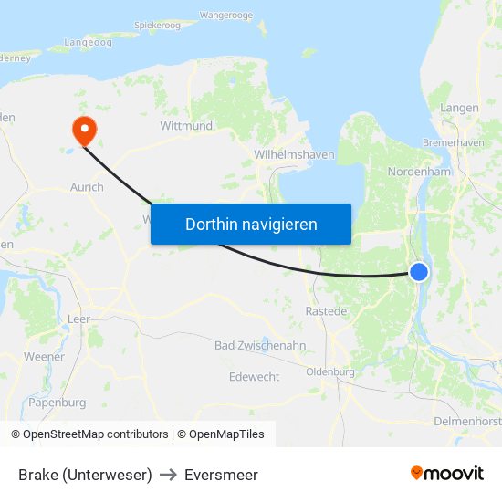 Brake (Unterweser) to Eversmeer map