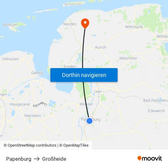 Papenburg to Großheide map