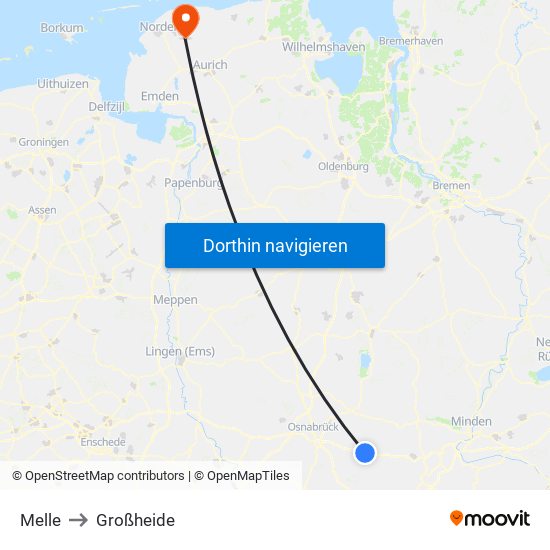 Melle to Großheide map