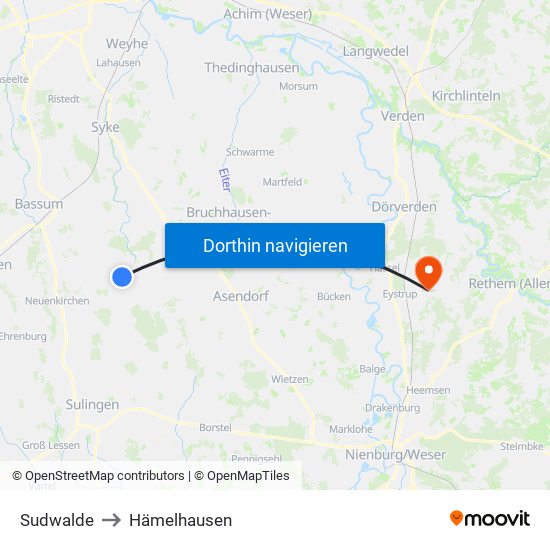 Sudwalde to Hämelhausen map