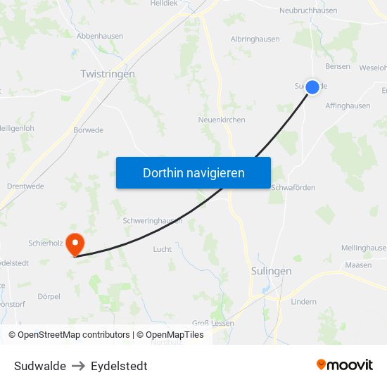 Sudwalde to Eydelstedt map