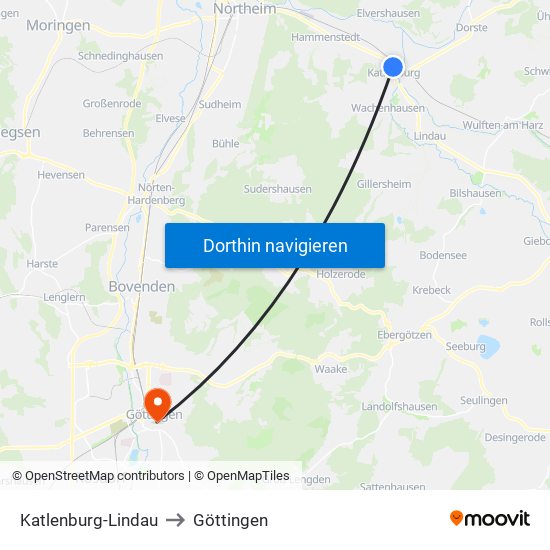 Katlenburg-Lindau to Göttingen map