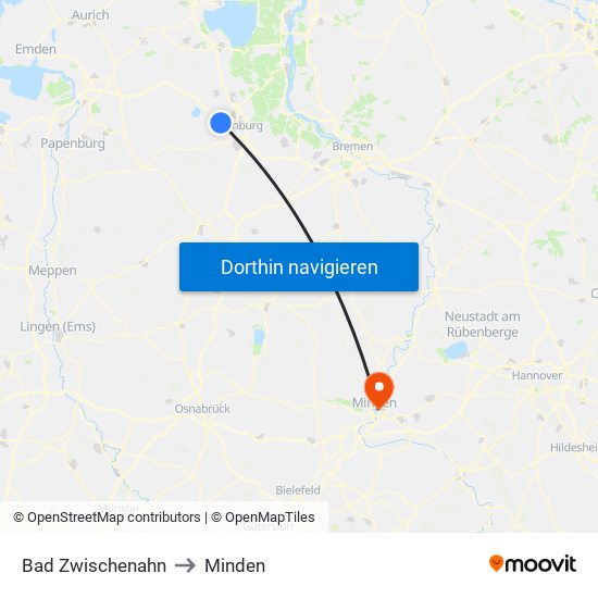 Bad Zwischenahn to Minden map