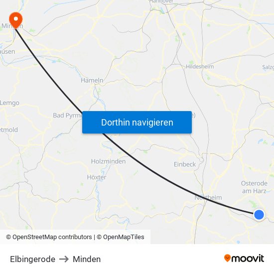 Elbingerode to Minden map