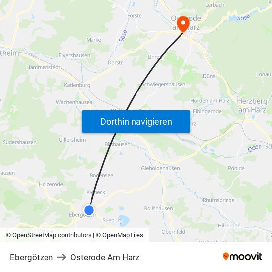 Ebergötzen to Osterode Am Harz map