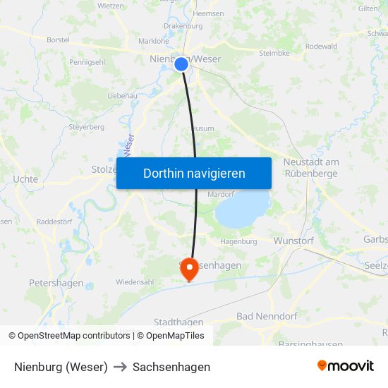 Nienburg (Weser) to Sachsenhagen map