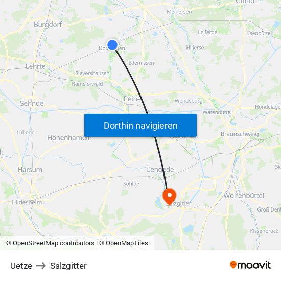 Uetze to Salzgitter map