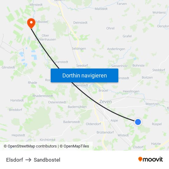Elsdorf to Sandbostel map